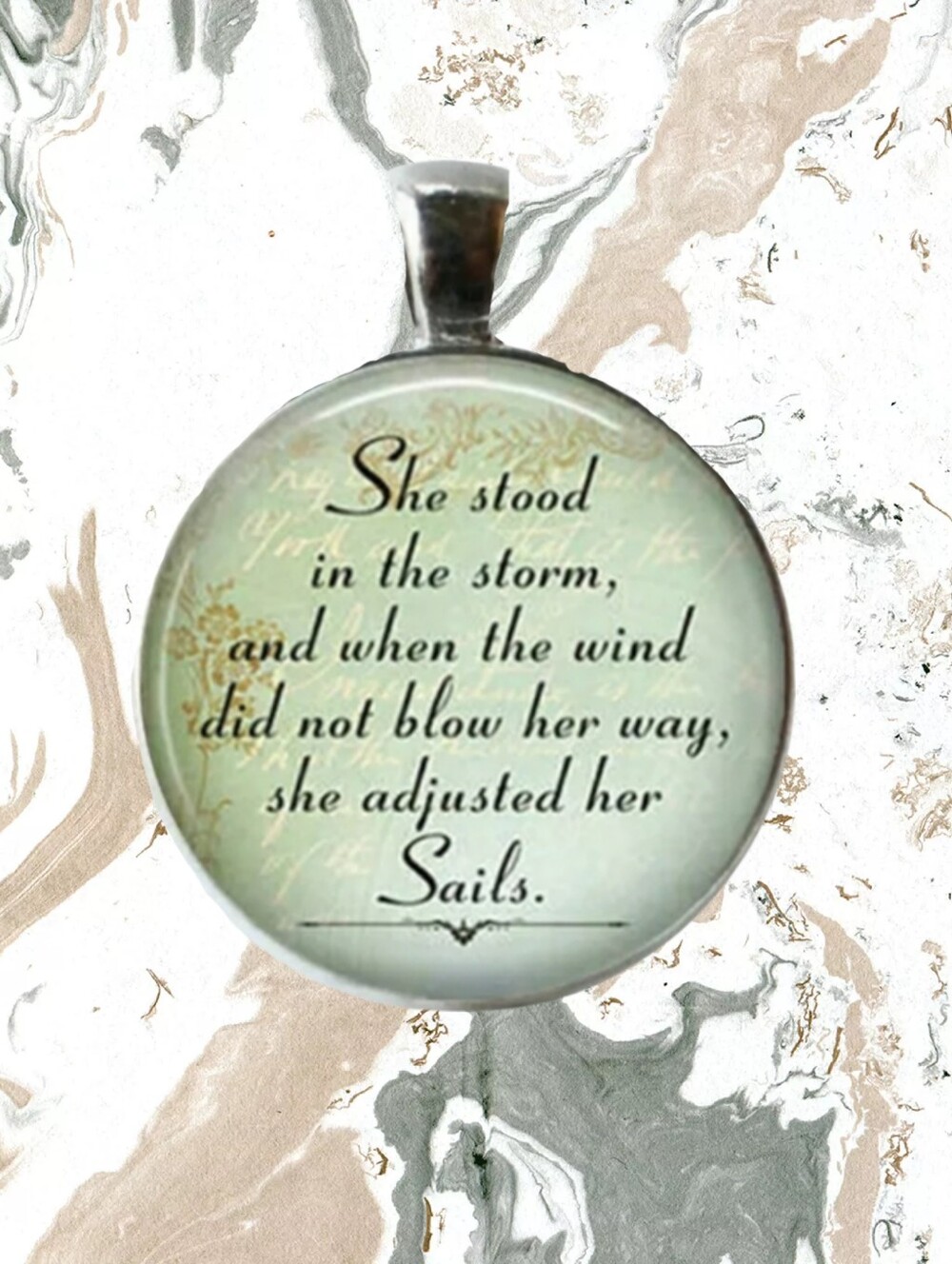Inspirational Quote "She stood in the storm..." Verse on Cabochon Glass Pendant
